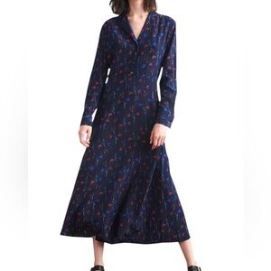 Thakoon Silk Navy Tulip Collared Long Sleeve Shirt Midi Dress NWT Size 4